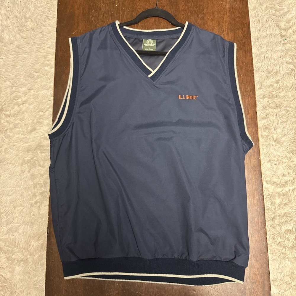Vintage Weather Proof Mens Large Golf Vest Sleeveless Blue Illinois TM